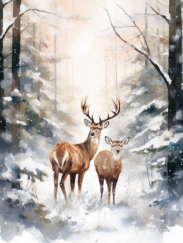Winter Watercolour Deer 1