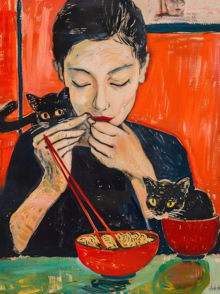Portrait Of A Girl With Cats Eating Ramen 4