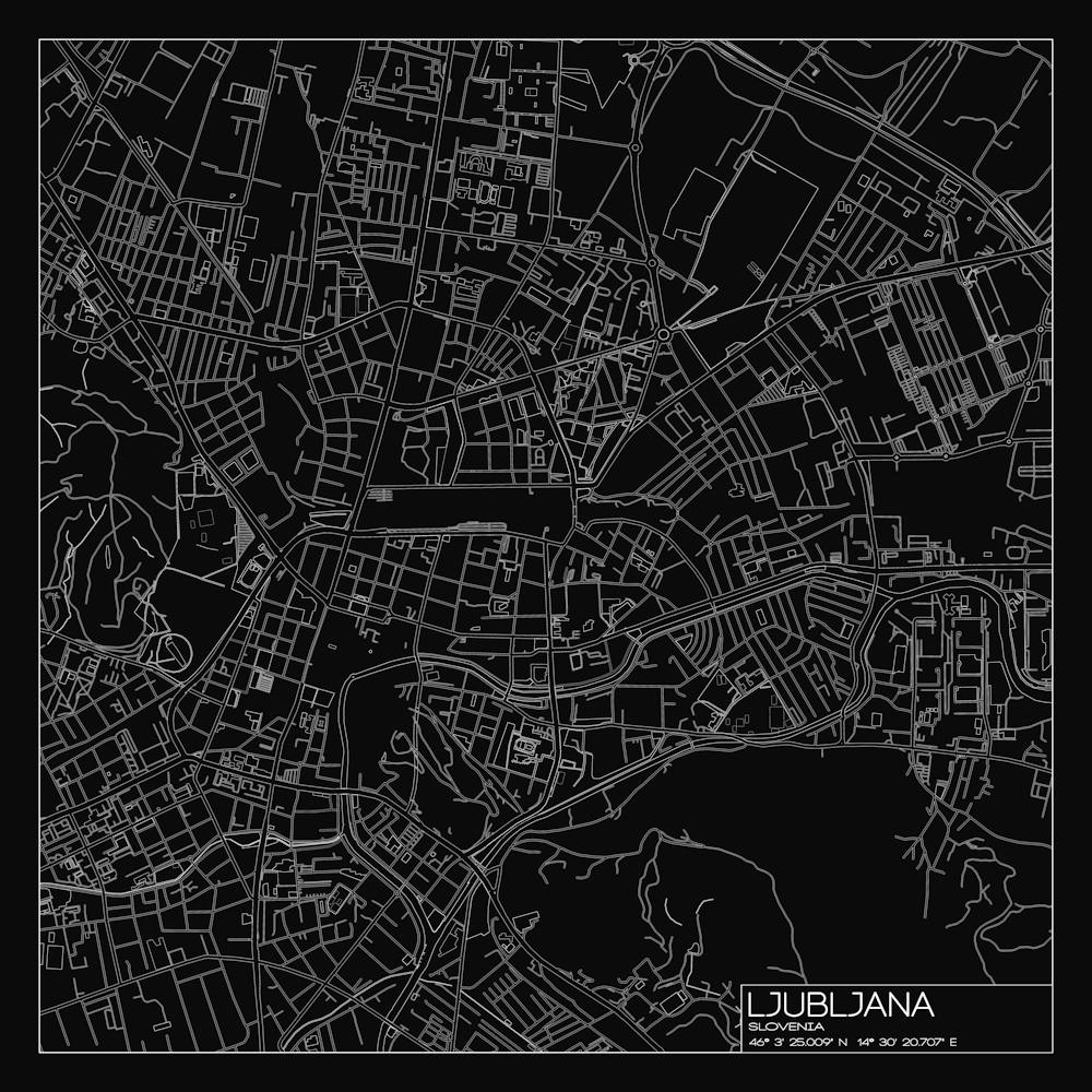 Ljubljana, Slovenia, City Map White On Black Blueprint Design