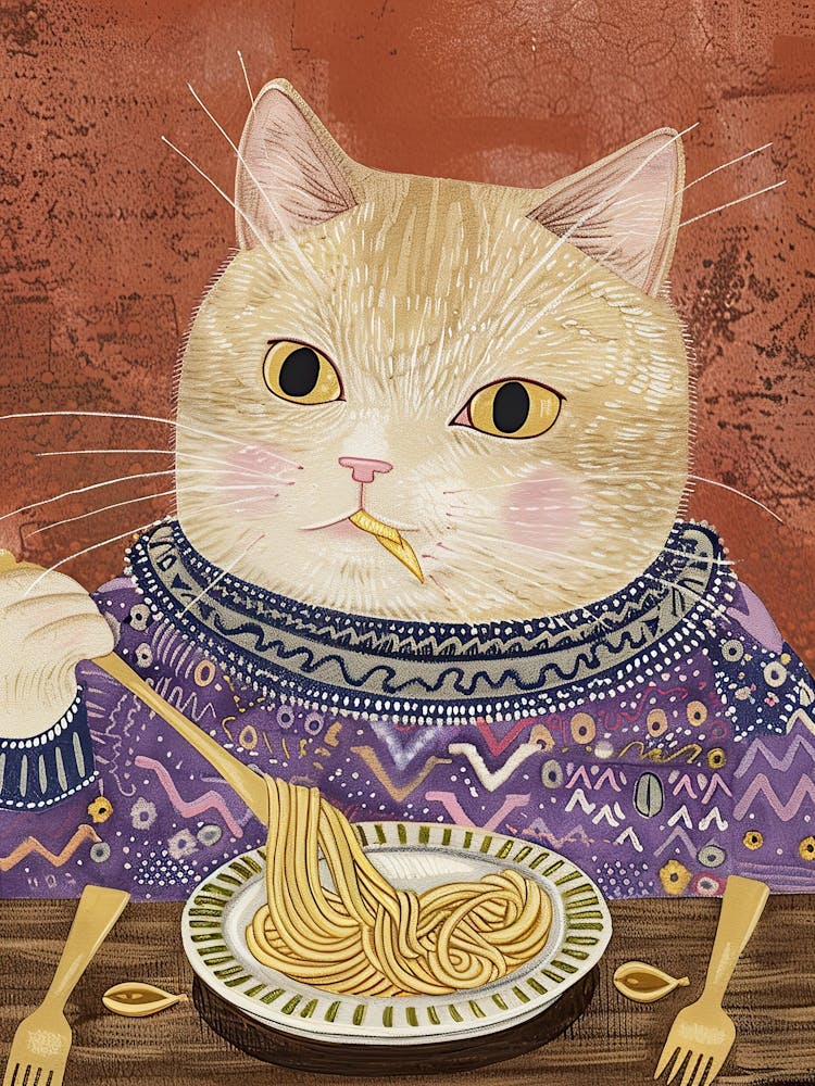 Chat Mignon Fauve Amateur de Pâtes - Illustration Folklorique 4