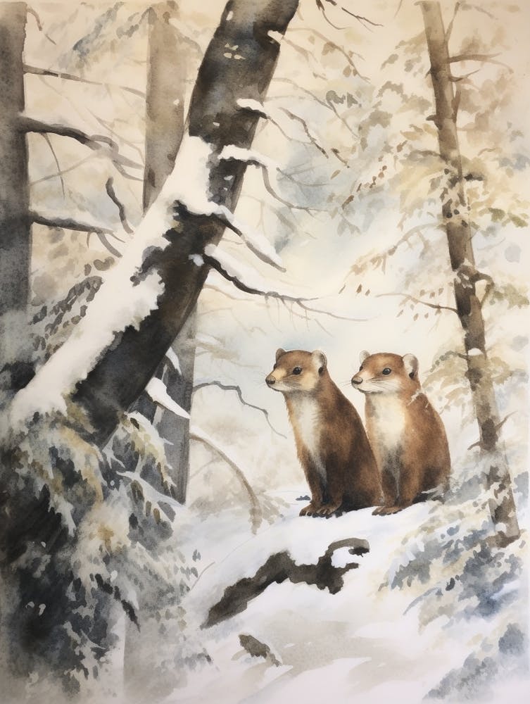 Winter Aquarell Wiesel 4