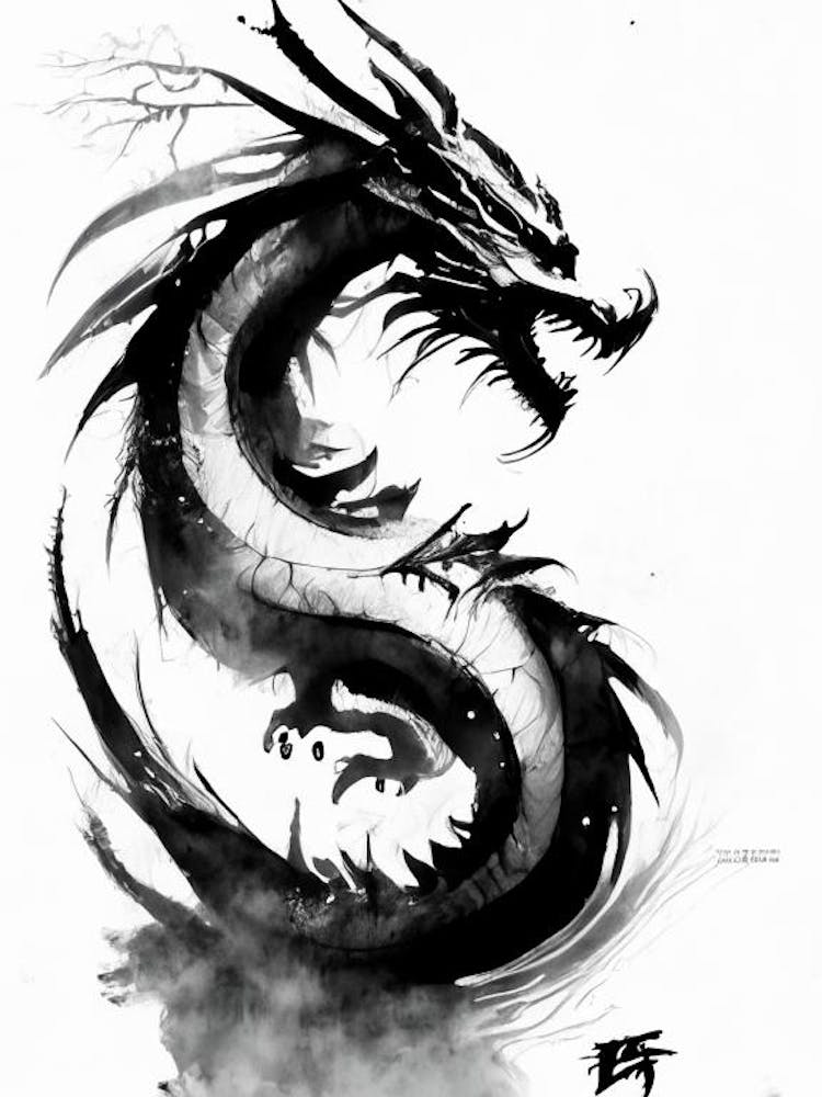 Dragon Symbol 1 Black And White Painting