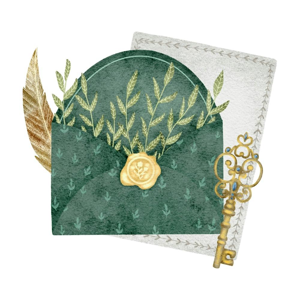 Letter envelope with golden key feather pen