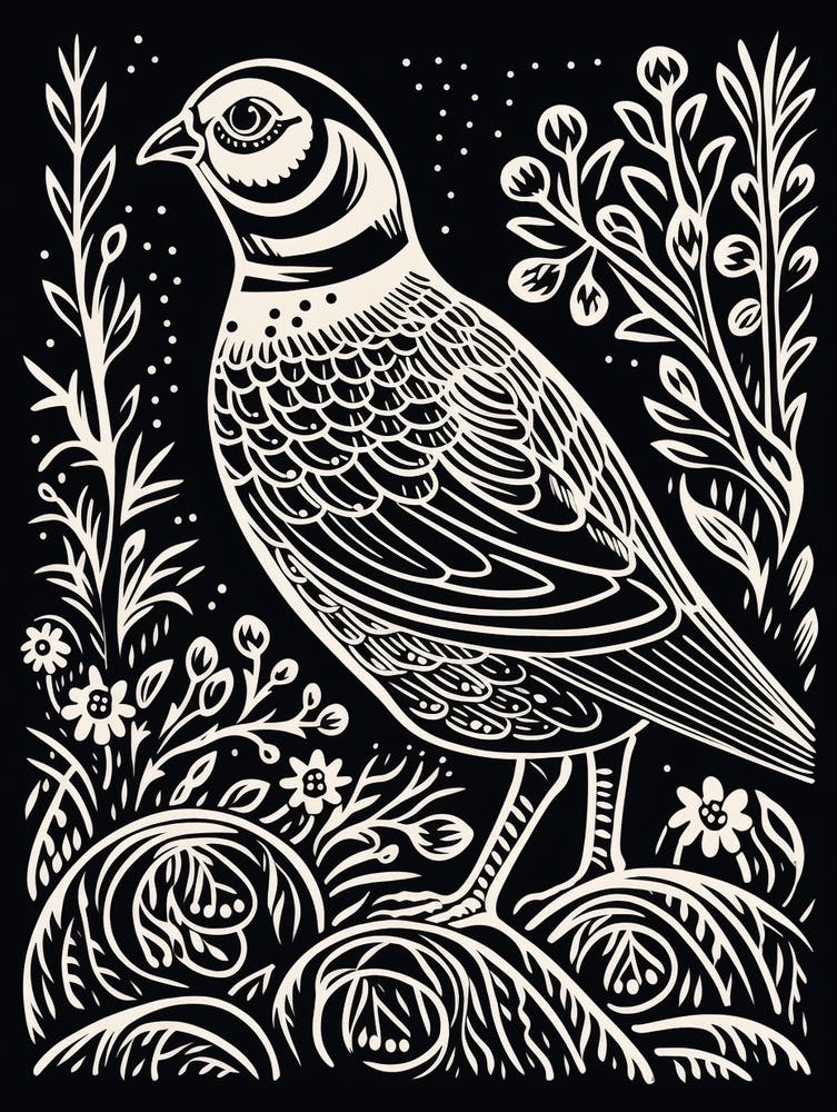 B&W Bird Linocut Partridge 2