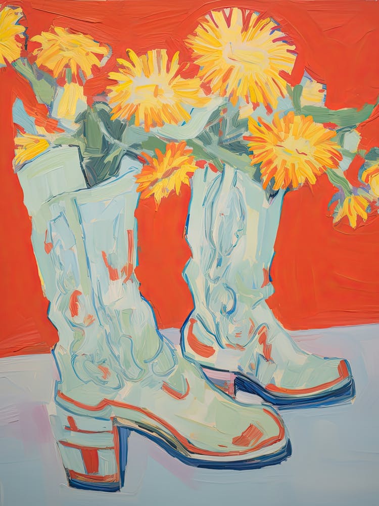 A Painting Of Cowboy Boots With Yellow Flowers, Pop Art Style 3