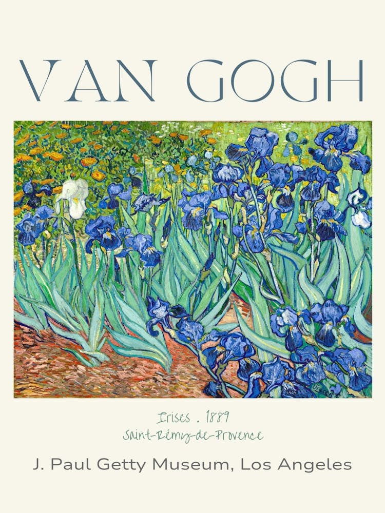 Van Gogh Vase With Irises, Saint-Rémy-de-Provence 1889 Art Poster Print For Feature Wall Decor - Museum Location - J. Paul Getty Museum Los Angeles - Fully Remastered in HD