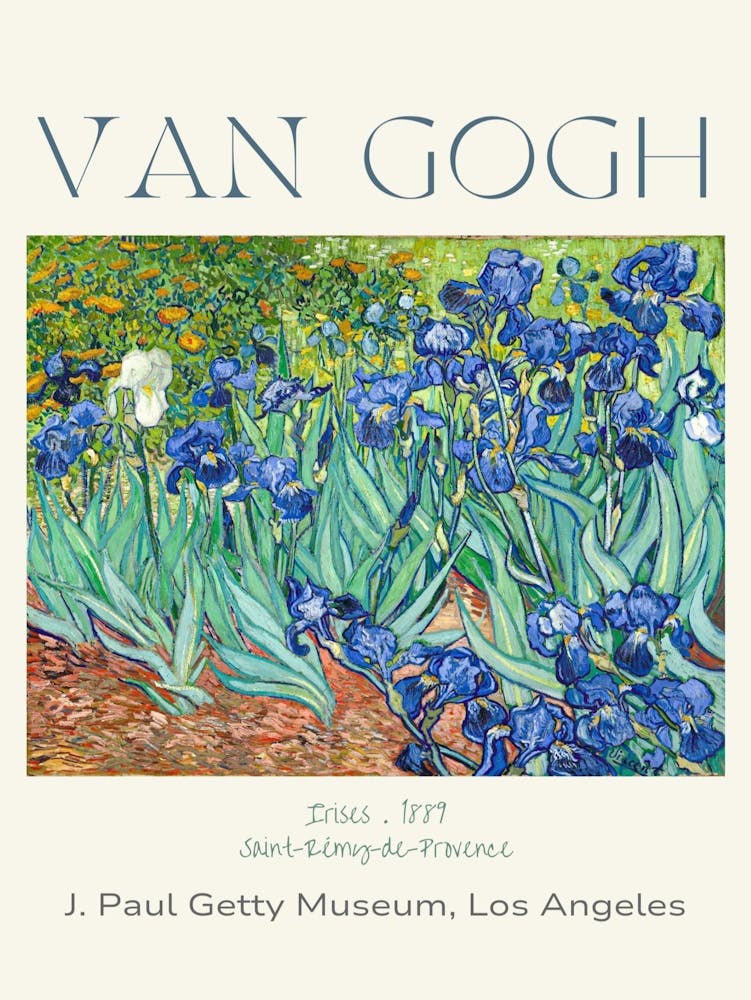 Van Gogh Vase With Irises, Saint-Rémy-de-Provence 1889 Art Poster Print For Feature Wall Decor - Museum Location - J. Paul Getty Museum Los Angeles - Fully Remastered in HD
