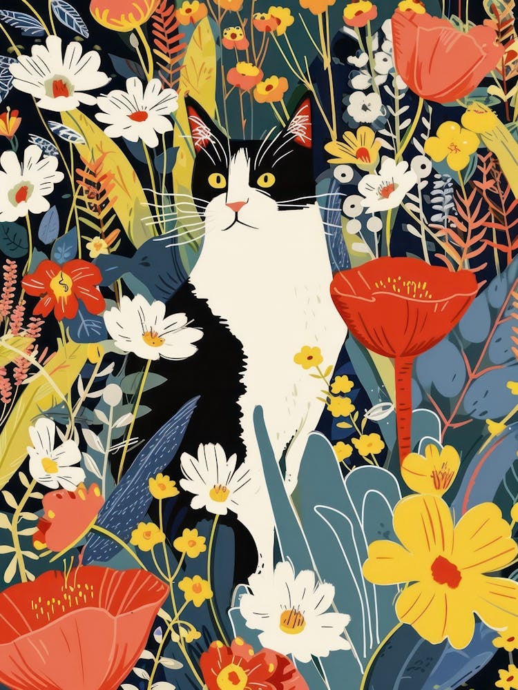 Black And White Cat In A Flower Garden Colours