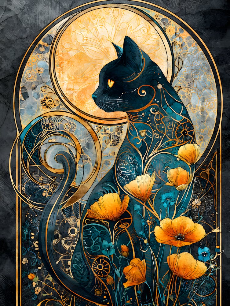 Black Cat With Poppies
