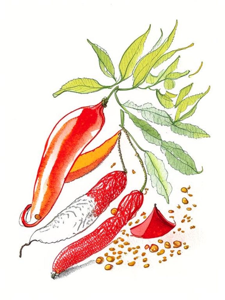 Illustration au Crayon Piments de Cayenne Épices et Herbes 2