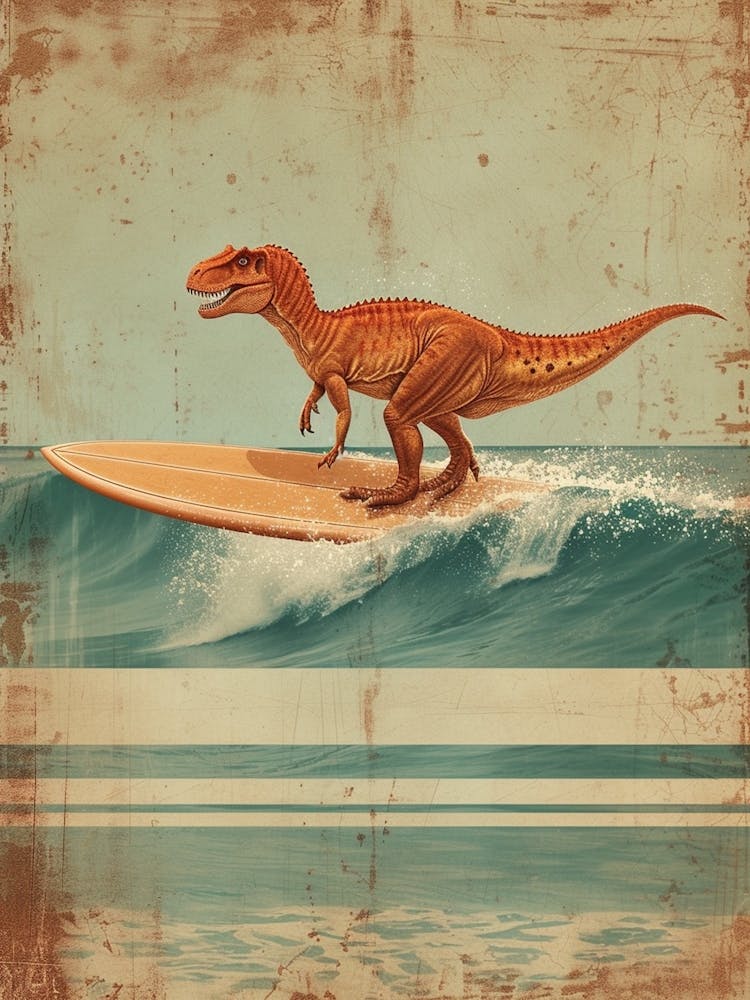 Vintage Carnotaurus Dinosaur On A Surf Board 2
