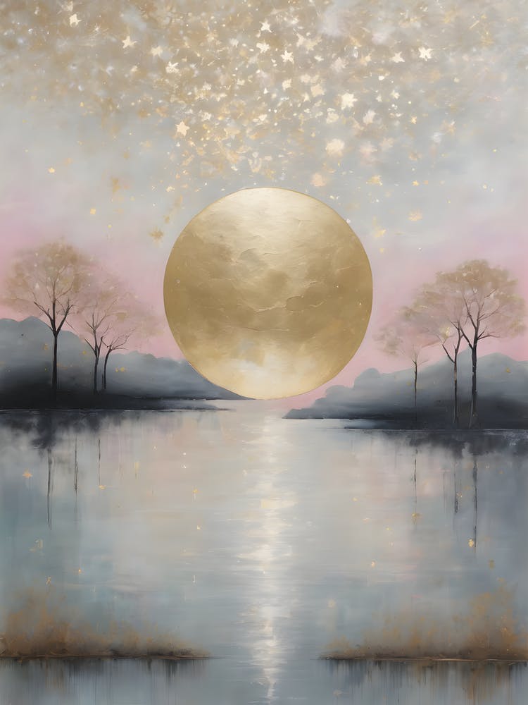 Wabi Sabi Dreams Collection 4 - Japanese Minimalism Abstract Moon Stars Mountains and Trees in Pale Neutral Pastels And Gold Leaf - Soul Scapes Nursery Baby Child or Meditation Room Tranquil Paintings For Serenity and Calm in Your Home 1