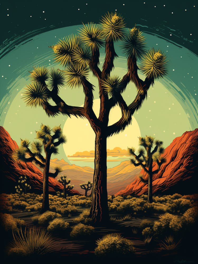 Retro Illustration Of A Joshua Trees At Night 4
