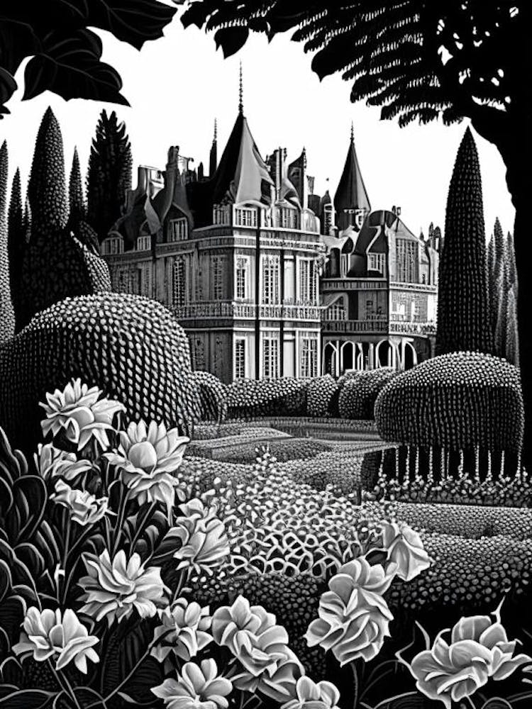 Château De Villandry Gardens, 1, France Linocut Black And White Vintage