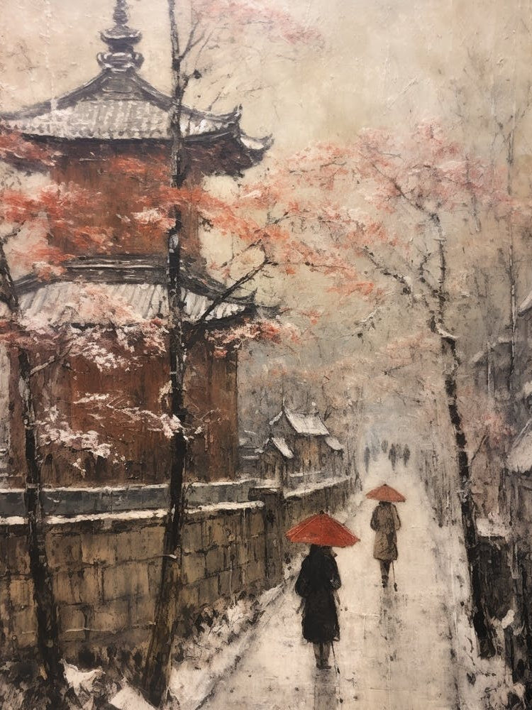Vintage Winter Painting Kyoto Japan