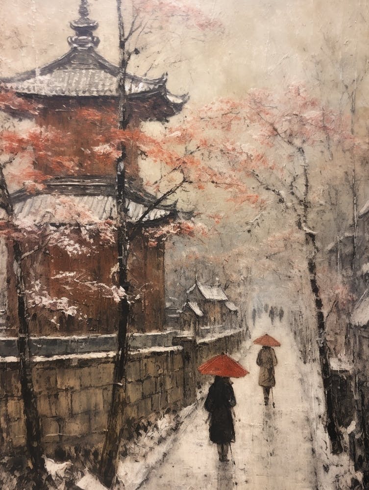 Vintage Winter Painting Kyoto Japan