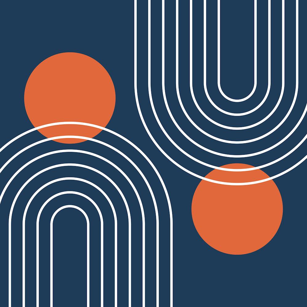 Mid Century Modern Geometric B20 In Navy Blue And Orange (Rainbow And Sun Abstract) 02