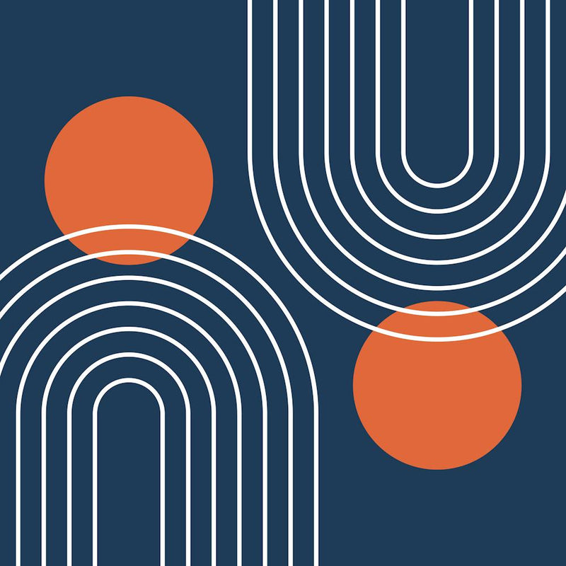 Mid Century Modern Geometric B20 In Navy Blue And Orange (Rainbow And Sun Abstract) 02