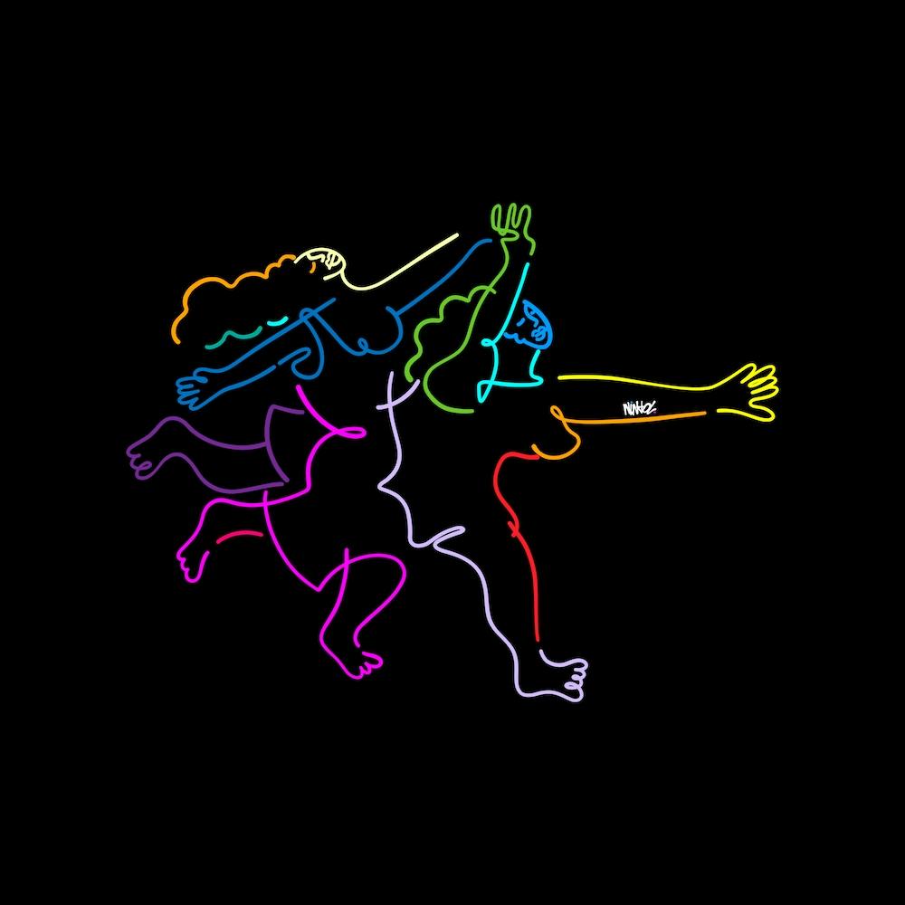 Two Women Running In Colors Square