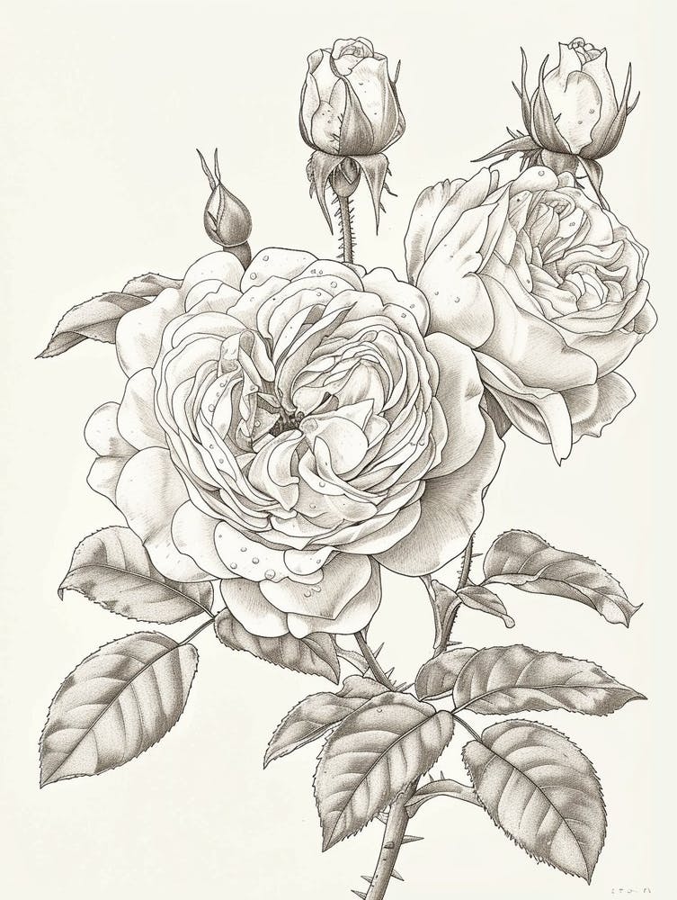 Rose With Dewdrops Line Drawing 3