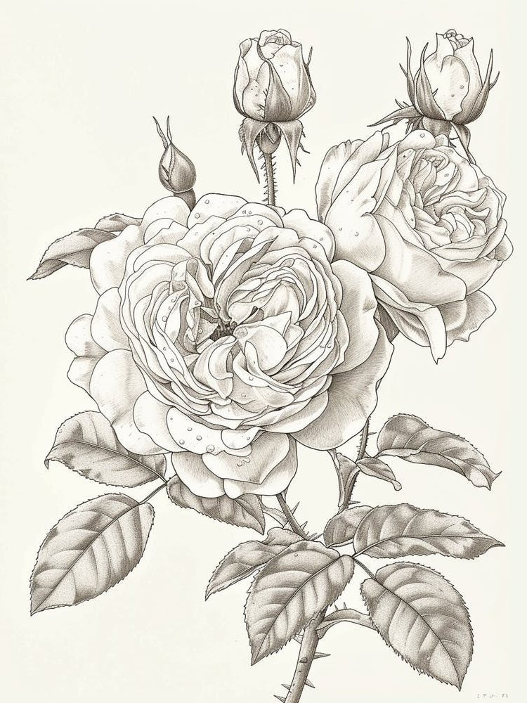 Rose With Dewdrops Line Drawing 3