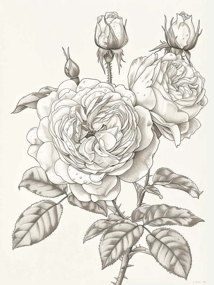 Rose With Dewdrops Line Drawing 3