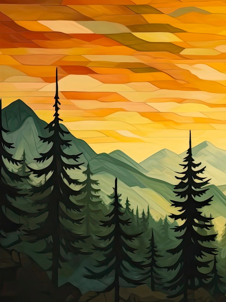 Green Sun Forest Mountain Painting Triptych 1