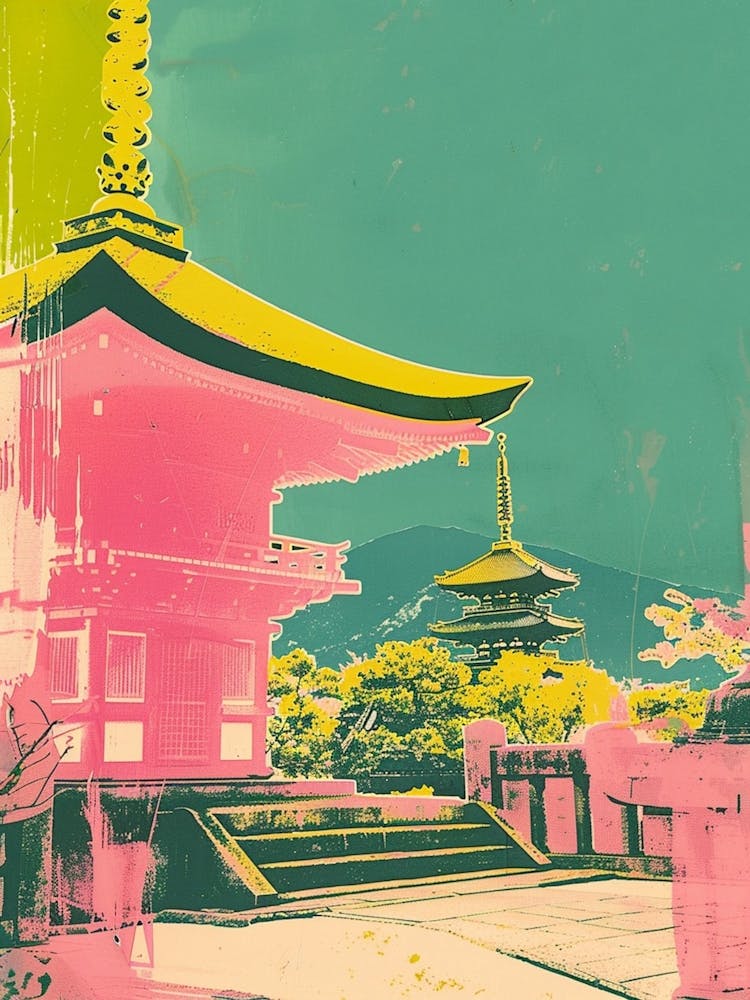 Kiyomizu Dera Temple In Kyoto Duotone Silkscreen 1
