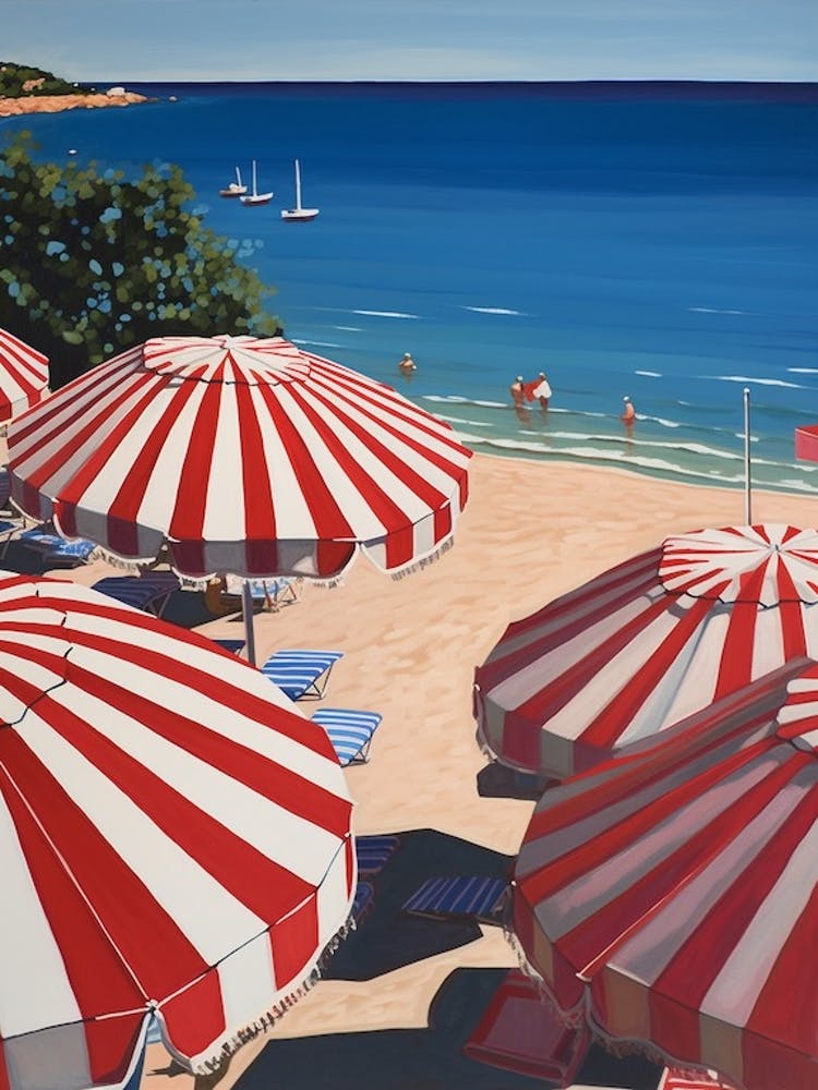 Striped Red And White Beach Umbrellas In Italy
