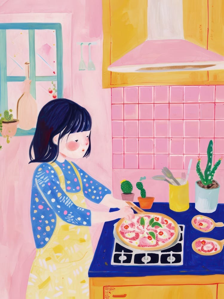 Girl Making A Pizza Lo Fi Kawaii Illustration 4