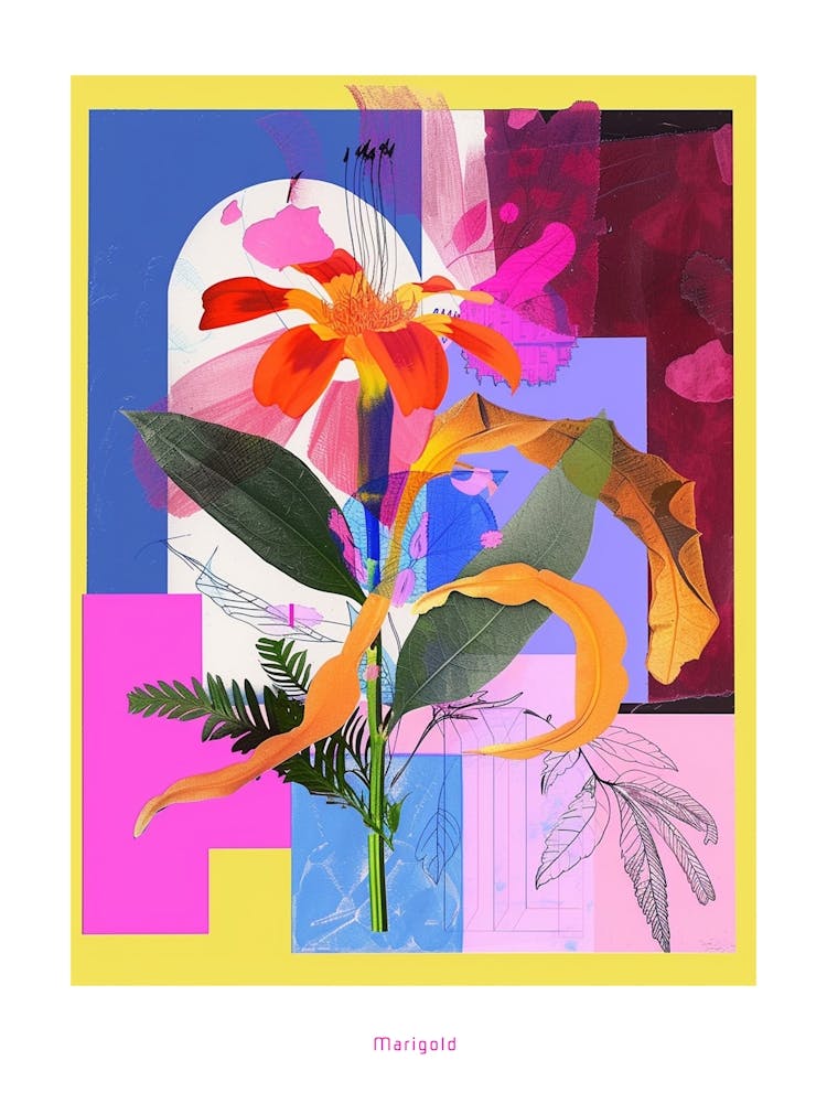 Marigold 3 Neon Flower Collage Poster