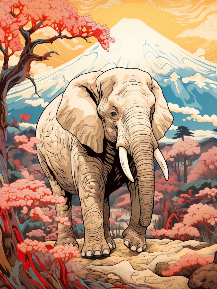Elephant Animal Drawing In The Style Of Ukiyo E 2