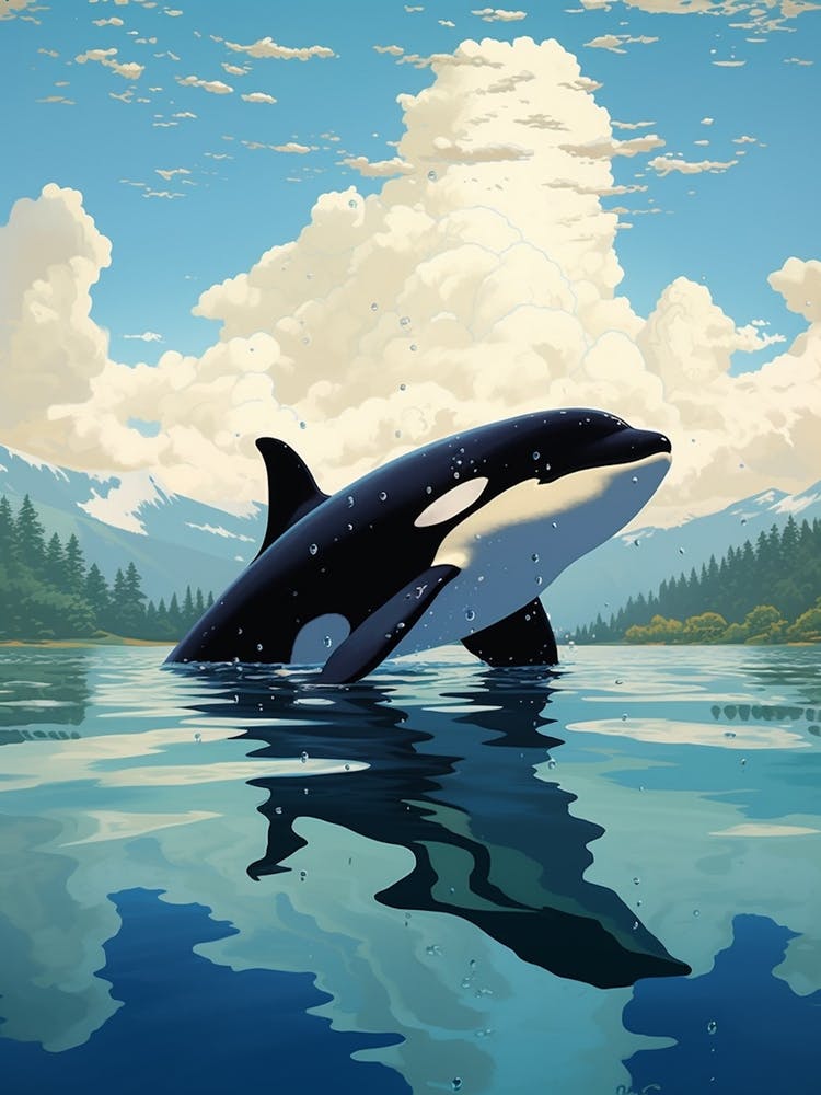 Orca Whale Swimming In The Water With Clouds