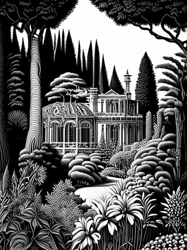 Villa Cimbrone Gardens, 1, Italy Linocut Black And White Vintage