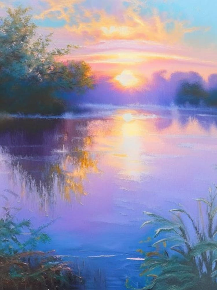Sunrise Over Pond Waterscape Marble Acrylic Painting 3