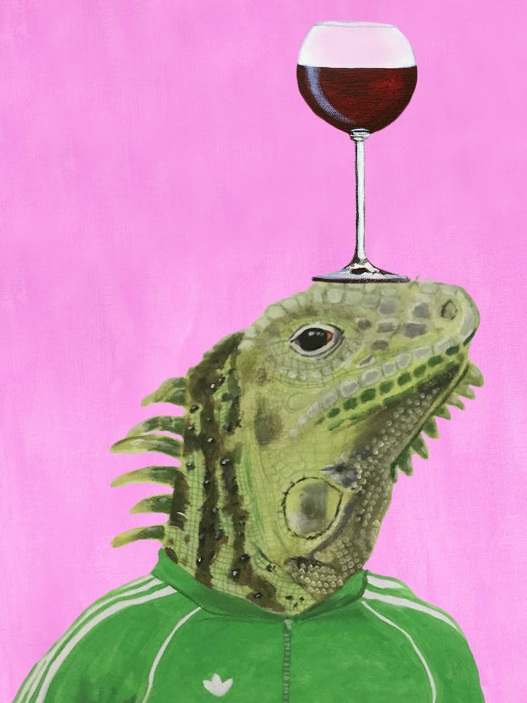 Iguana With Wineglass Pink & Green