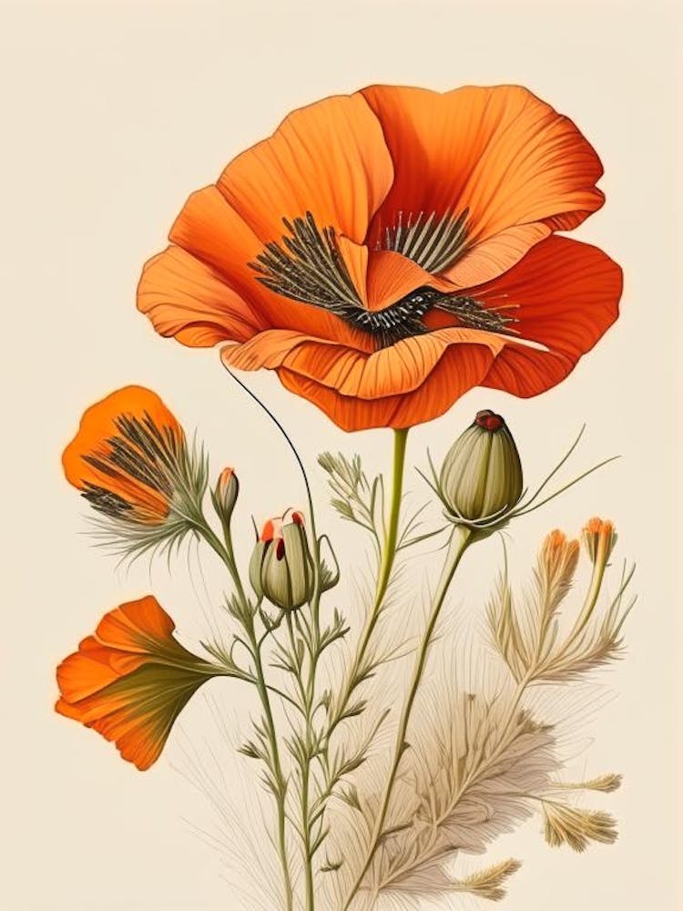 California Poppy Spices And Herbs Retro Drawing 3