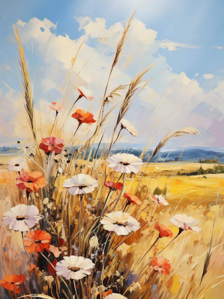 Golden Wildflower Field - Rustic Floral Oil Painting Print, Impressionist Poppy Art
