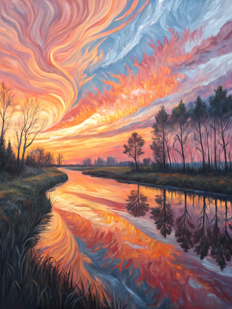 Van Gogh River Forest Magical Sunset & Swirling Sky