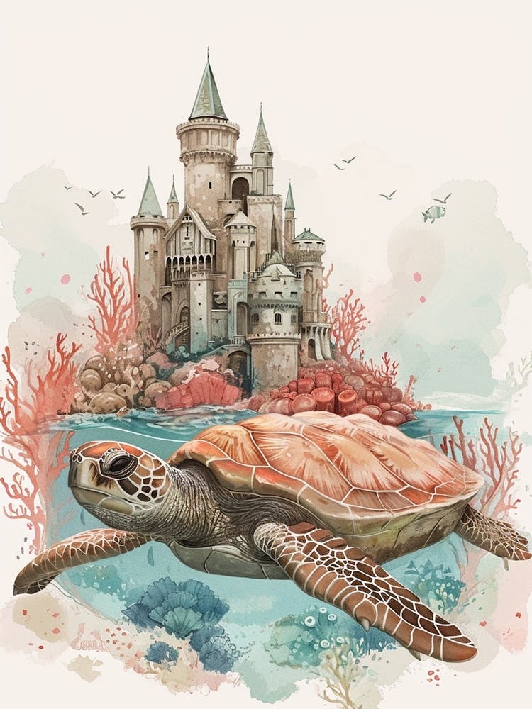Sea Turtle With A Coral Castle Illustration 3
