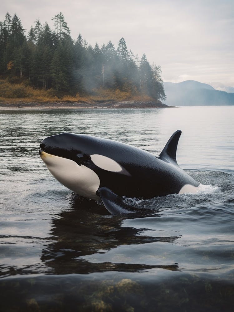 Misty Orca Whale With Forest Background