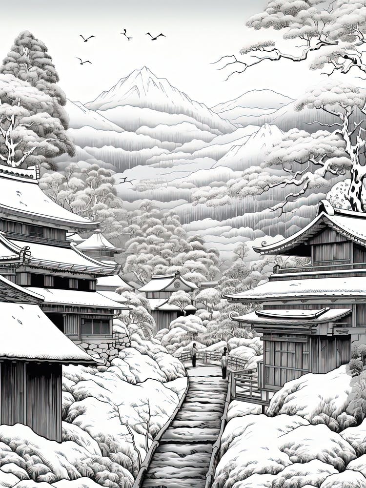 Shirakawa Go In Gifu, Ukiyo E Black And White Line Art Drawing 2