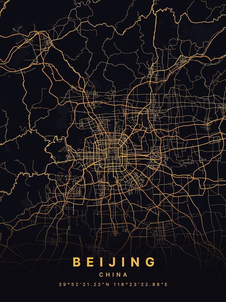Beijing China Black And Gold Map