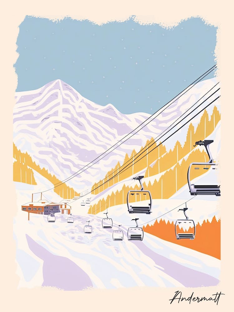 Poster von Andermatt Switzerland, Skigebiet Pastellfarben-Illustration 1