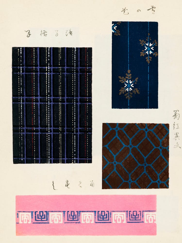 Vintage Ukiyo-e Woodblock Print Of Japanese Textile, Shima Shima, Furuya Korin (206)