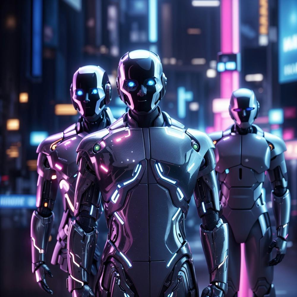 an AI-generated image of a futuristic and stylish 'AI Men' standing confidently in a digital landscape.
