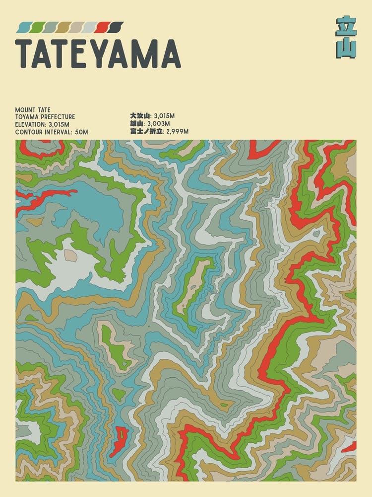 Japan - Mount Tate - Tateyama - Contour Map Print