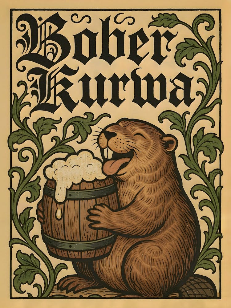 Meet Bober the meme beaver with a beer in hand and a Polish attitude. Blending medieval gothic style with vintage cartoon humor, this funny and trending Polska poster is a trollish nod to Polish culture, animals, and internet jokes. Kurwa-approved.