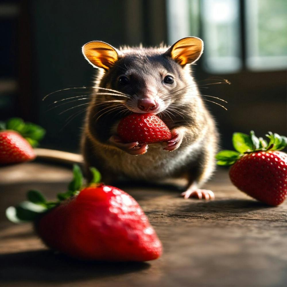 Ratte isst Erdbeeren