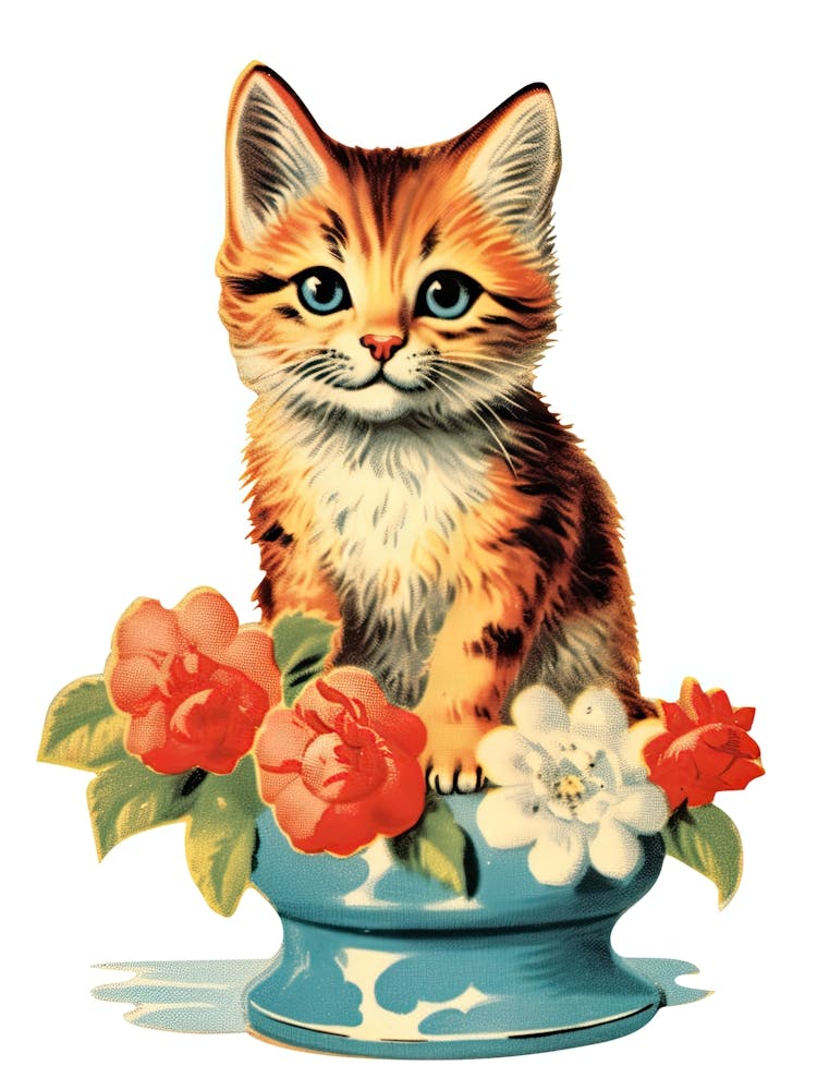 Vintage Cat With Flowers Kitsch